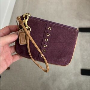 Vintage Coach Suede Plum Wristlet with Tan Accents